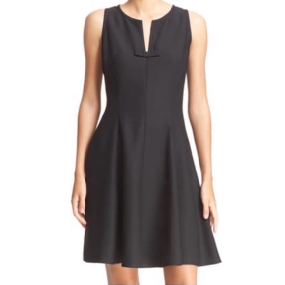 KATE SPADE New York Crepe Fit-N-Flare Sleeveless Bow at Split Neck Dress, Black - Picture 1 of 6